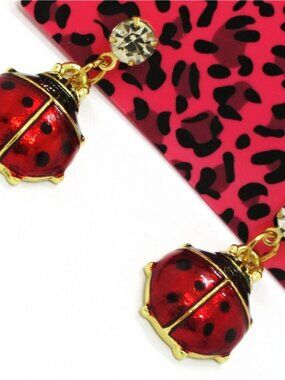 Betsey Johnson goldtone red black ladybug stud earrings NEW